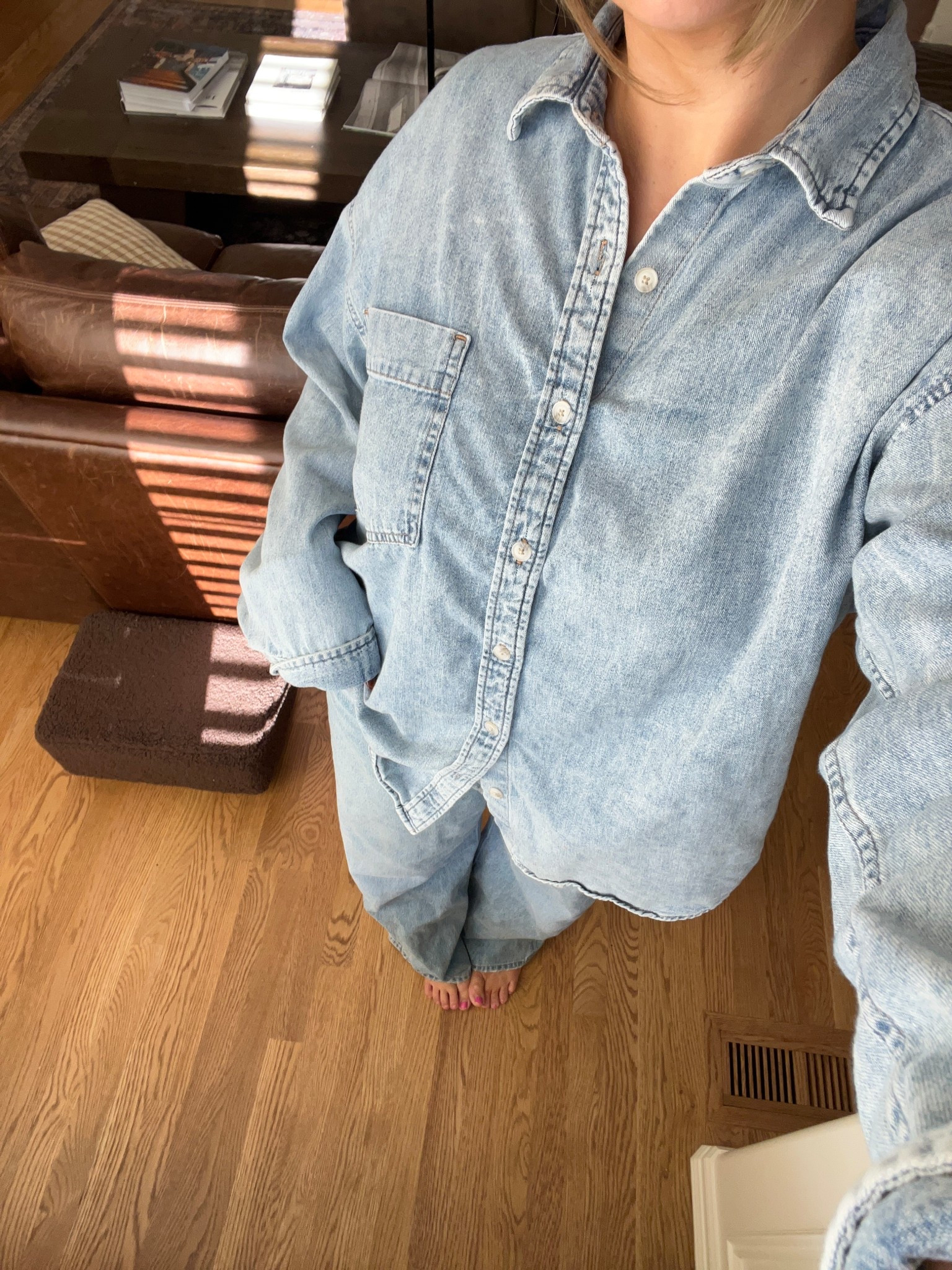 Sized up in the denim top to a large for an oversized longer fit it’s soft and slouchy. Jeans size down 2 