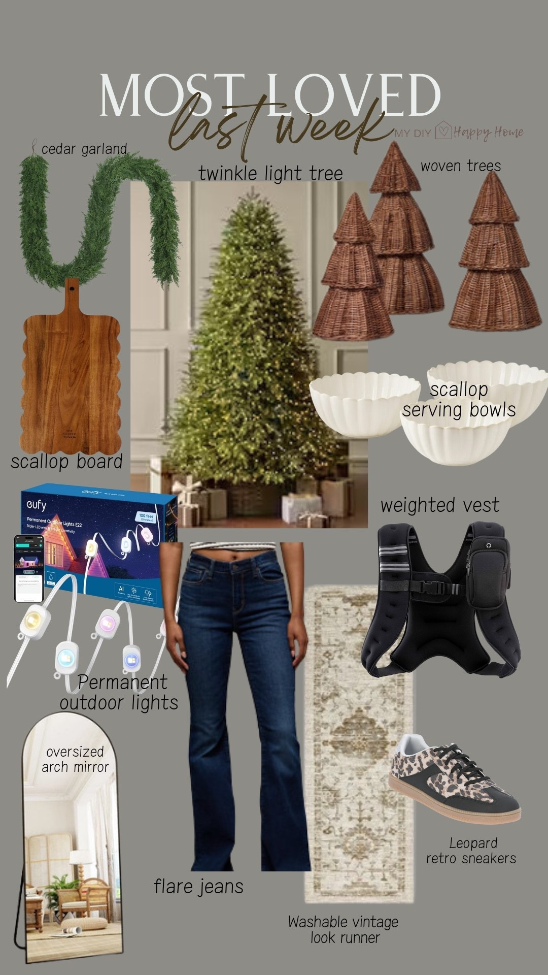 This past weeks most loved and best sellers:

•cedar garland, 9 ft
•viral twinkle light Christmas tree
•woven trees (3 sizes)
•scallop edge wood board 
•scallop serving/mixing bowls, set of 3
•permanent outdoor lights 
•weighted vest
•oversized arch mirror 
•vintage look rug, non skid backing, machine washable
•flare leg jeans, high waisted 

#LTKHome #LTKSeasonal #LTKPetite