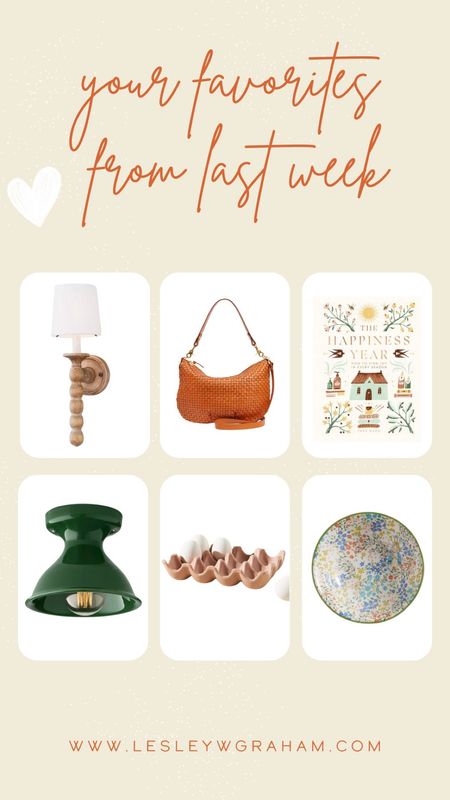 Top sellers last week. The sconces from our primary bathroom. My favorite woven bag. The happiness book. The flush mount lights in our entryway. Countertop egg holder. Peter Rabbit Easter bowls. 

#LTKover40 #LTKhome #LTKitbag