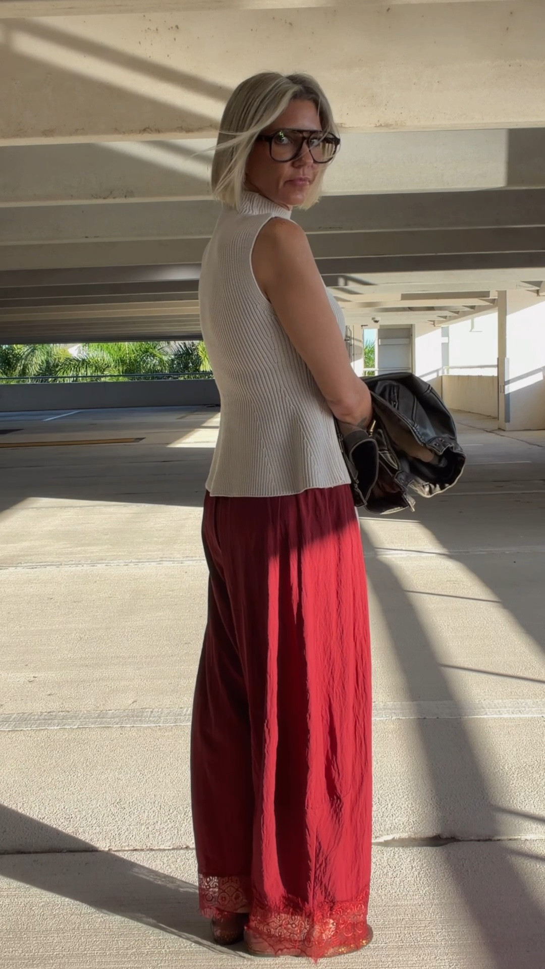 I love these lace hemmed pants so much I have them in 3 colors!! Drawstring waist, flowy barrel leg and lace hem. They fit tts, I’m wearing a small. 
My peplum sweater tank is such a steal from @Walmart It’s also absorbable in black! It’s a nice thick knit with a mock neck. I’m wearing an XS. 
My brown mesh flats are from SHEIN, they’re super cute and perfect for Fall!
My jacket’s from Target. It’s sold out in my area, but I linked other options too. 
Glasses are from DIFF. 
Earrings are from @Walmart