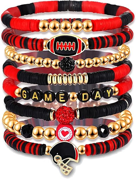Game Day Bracelets for Women - Red, Black, Blue Heishi Clay Beaded Stretch Bracelets - Stackable ... | Amazon (US)