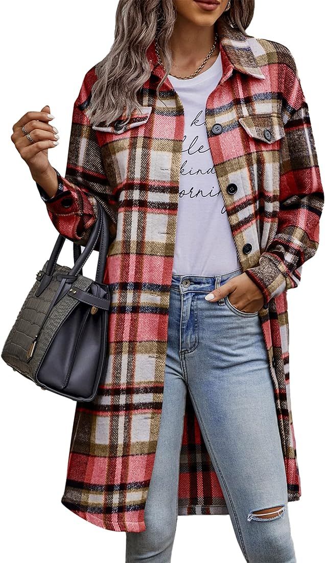 PRETTYGARDEN Women's Plaid Shacket 2023 Long Sleeve Button Up Flannel Shirt Winter Tartan Jacket ... | Amazon (US)