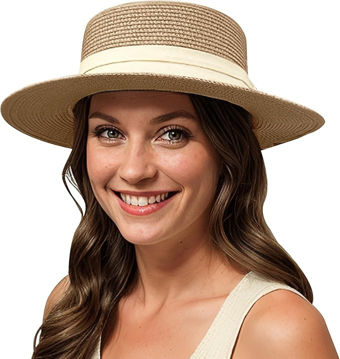 Lanzom UPF50+ Women Wide Brim Straw Panama Sun Hat Boater Summer Beach Sun Hat | Amazon (US)