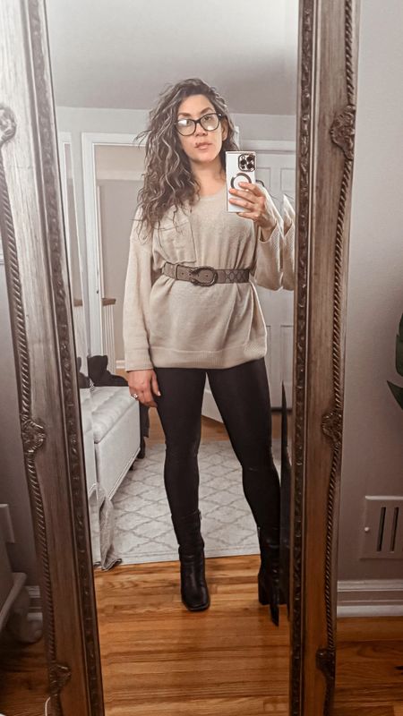 Friday Business casual💼
This super soft cashmere sweater is exactly what Friday calls for. It has a very relaxed fit so it works well with a belt to give it a more tailored look. Hi paired with my favorite pho, leather leggings and midi boots for a pulled together, but casual look. I'm wearing an Xsmall in the top and small in the leggings.

#LTKSeasonal #LTKworkwear #LTKVideo