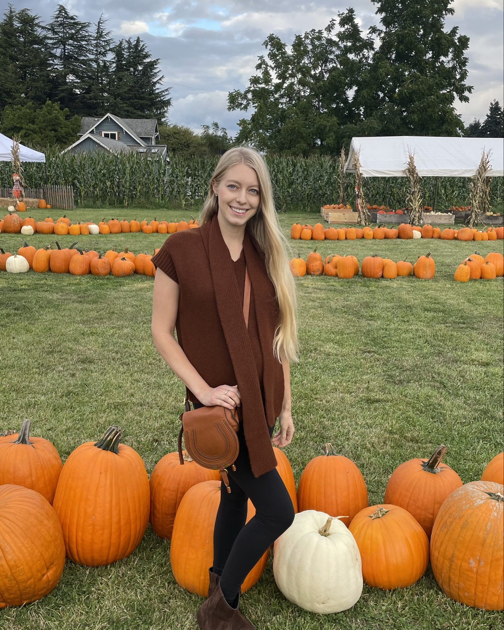 Fall casual pumpkin patch fit wool vest with scarf. Chloe Marcie small and brown suede boots. Bump friendly 

#LTKSeasonal #LTKBump
