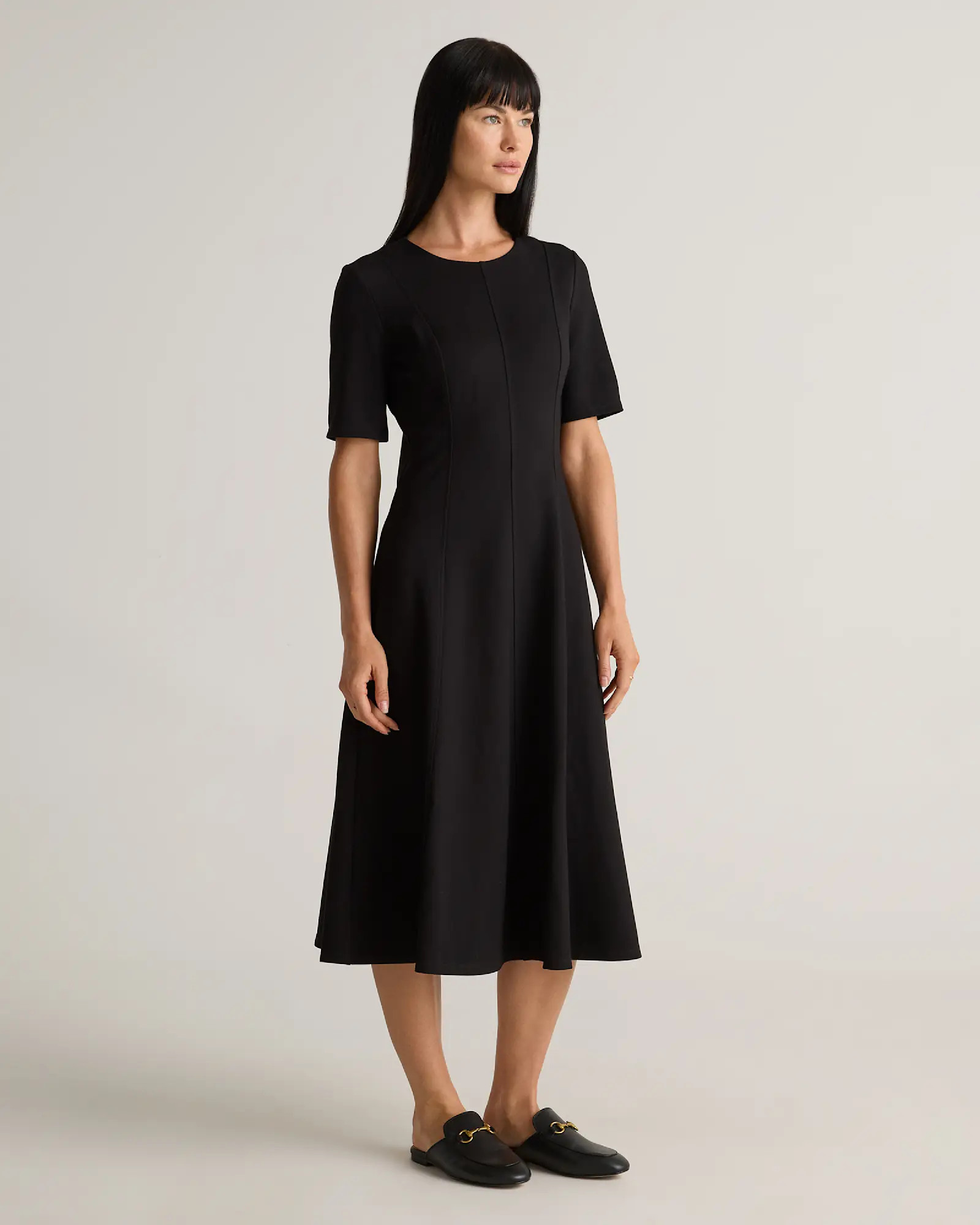 Ultra-Stretch Ponte Short Sleeve Midi Dress in Black | Quince