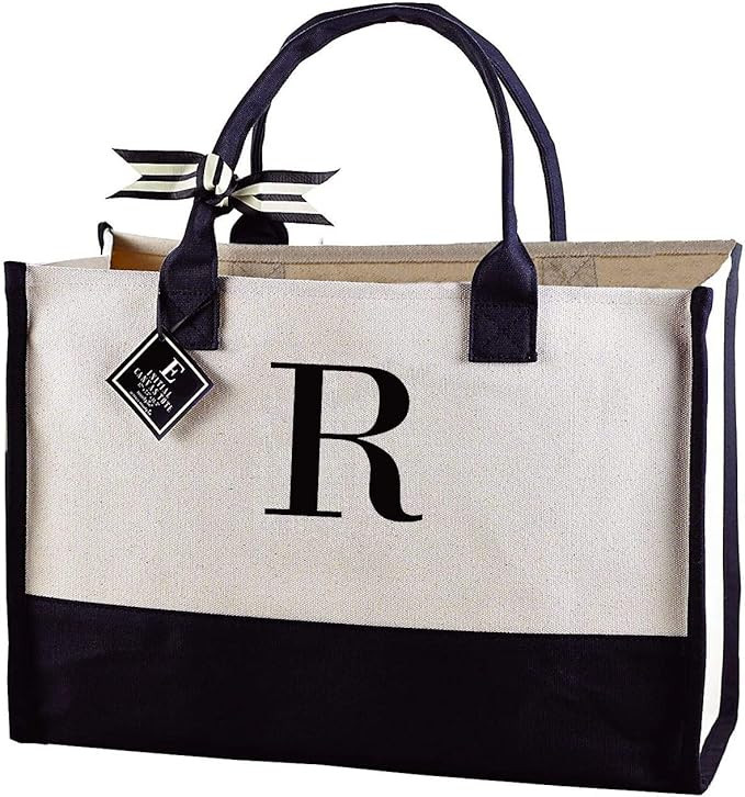 Mud Pie Classic Black and White Initial Canvas Tote Bags (R), 100% Cotton, 17" x 19" x 2" | Amazon (US)