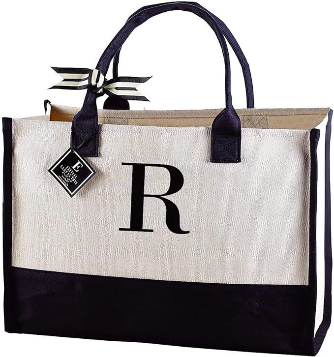 Mud Pie Classic Black and White Initial Canvas Tote Bags (R), 100% Cotton, 17" x 19" x 2" | Amazon (US)
