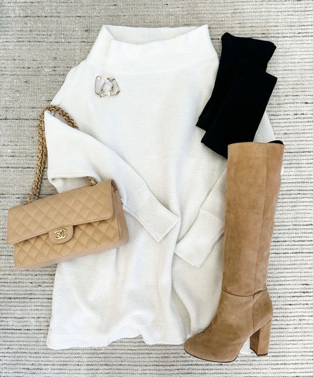 Smart casual Winter transitioning to Spring look! Including my favorite Ottoman Slouchy tunic that can be worn as either a dress or oversized shirt and Spanx leggings that are 10% off with code HXSPANX. Paired with tan suede boots. Earring and Chanel bag. Linking some boots that are similar in style and in stock! 

#LTKstyletip #LTKSeasonal