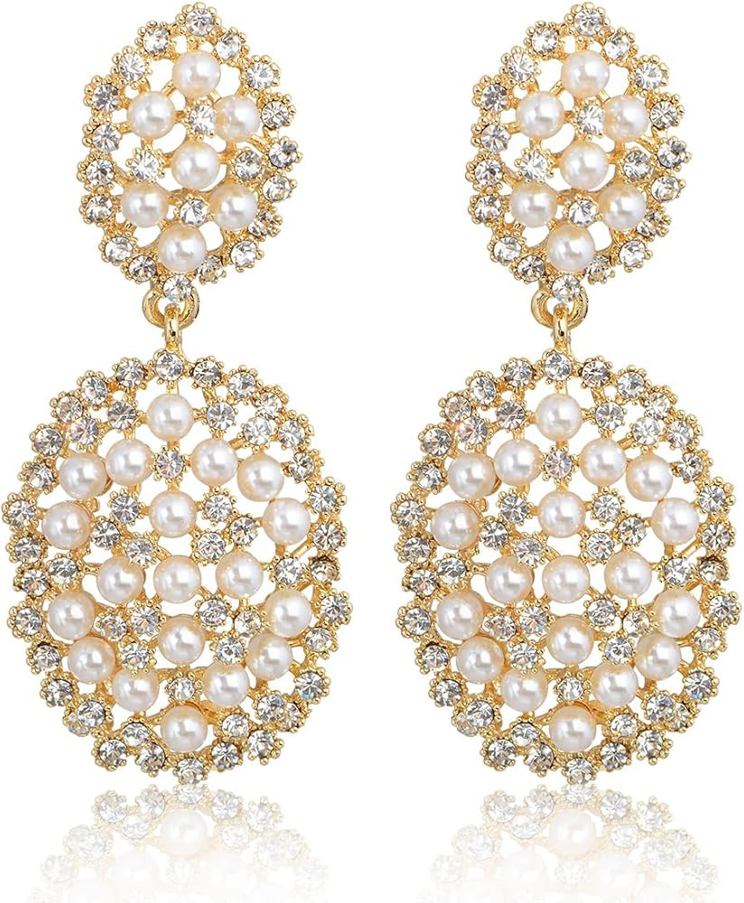 Women's Wedding Bridal Crystal Rhinestone Simulated Pearl Multi Beaded Cluster Oval Geometric Dan... | Amazon (US)