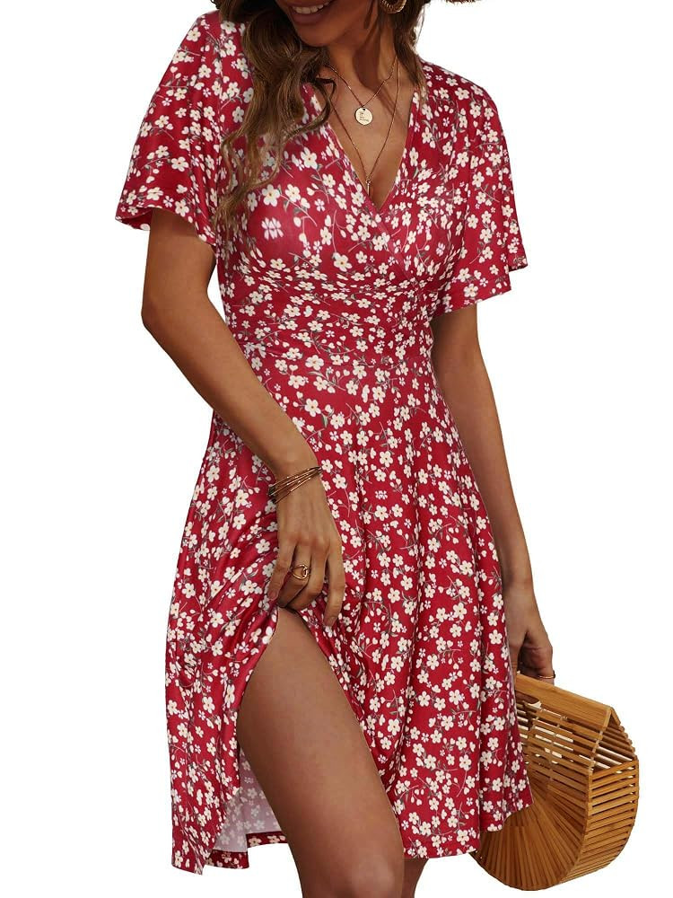 FENSACE Womens Sundress Summer Floral Short Sleeve Wrap V Neck A-Line Midi Dress | Amazon (US)