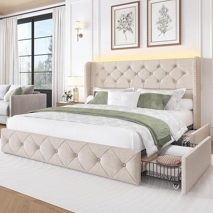 Queen Size Bed Frame with Storage Drawers and Tufted Headboard Linen Upholstered Platform Bed Fra... | Amazon (US)
