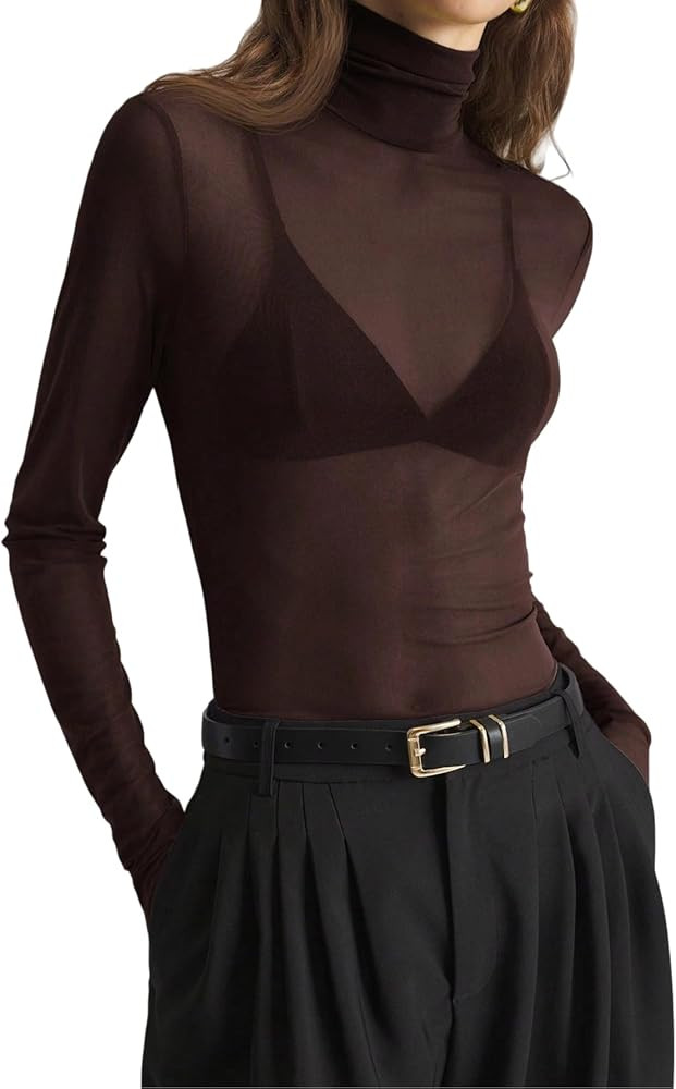 Ahtyeo Womens Mesh Sheer Long Sleeve Top See Through Turtleneck Going Out Tops Trendy Sexy Tee Sh... | Amazon (US)