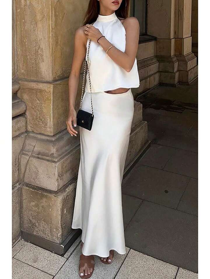 SHEIN Privé Summer&Fall Ladies' Elegant White Elastic Collar Necklace Shirt & High Waist Extra L... | SHEIN