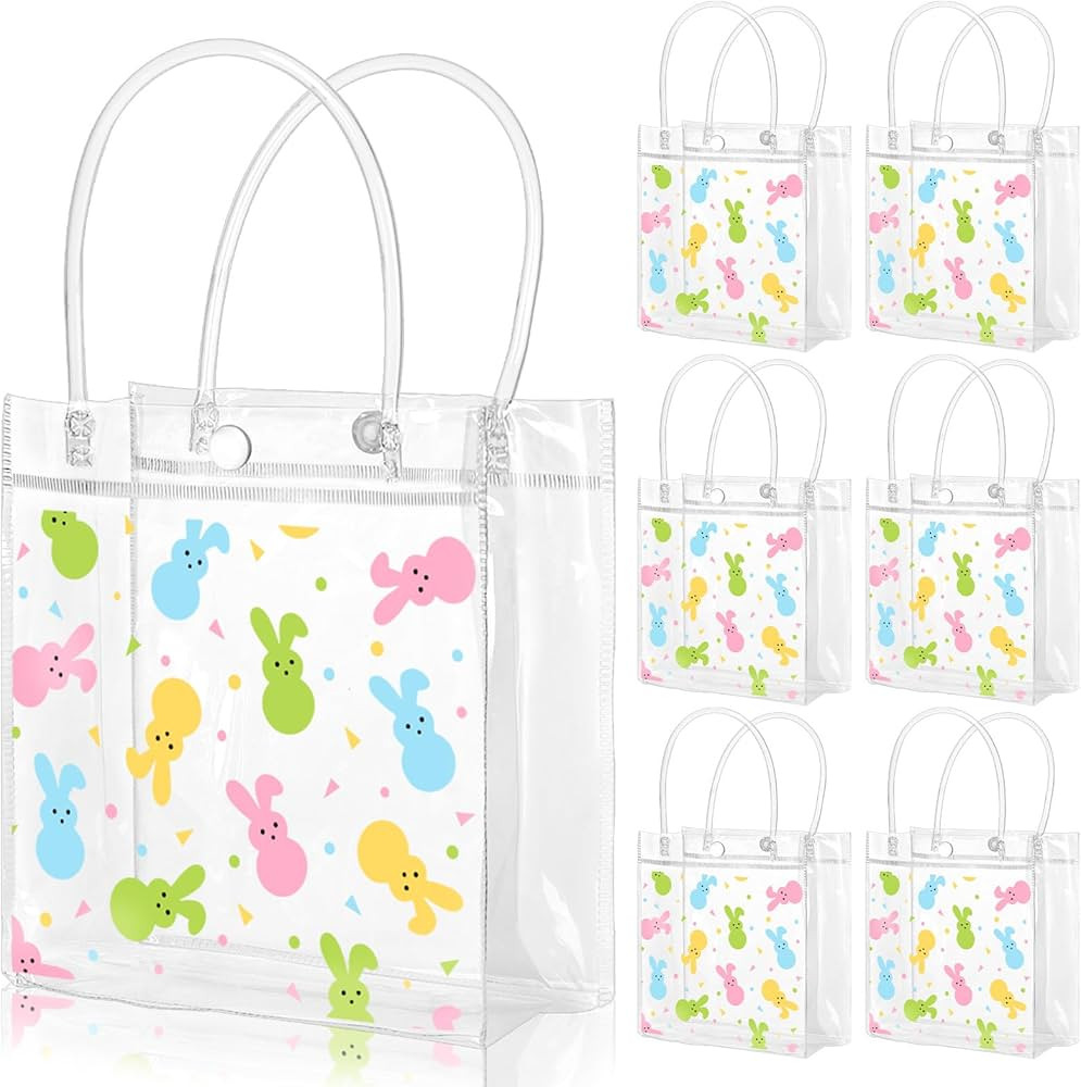 FYSUIMU 12 Pcs Easter Bunny Clear PVC Gift Bags with Handle Colorful Rabbit Reusable Transparent ... | Amazon (US)