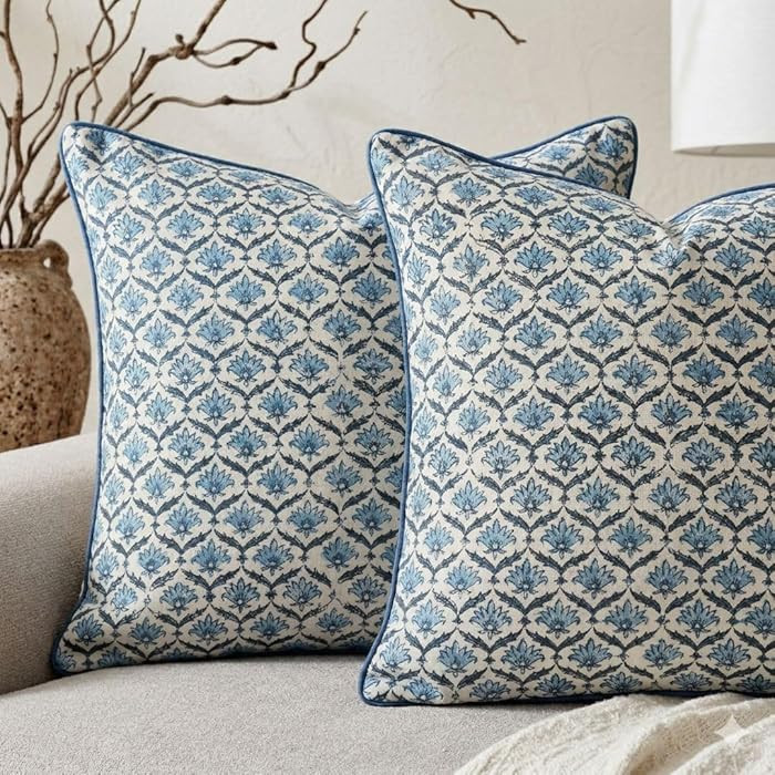 Blue Block Print Throw Cushion Cover 18 x 18 Inch Set 2 - Decorative Boho Floral Pillow | Amazon (US)