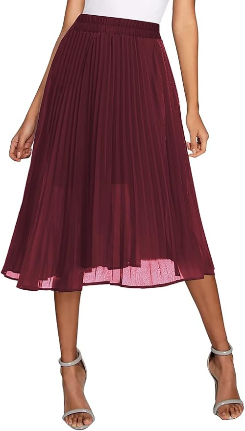 Urban CoCo Women's A Line Elastic Wasit Chiffon Midi Skirt Flare Pleated Skirts with Pockets | Amazon (CA)