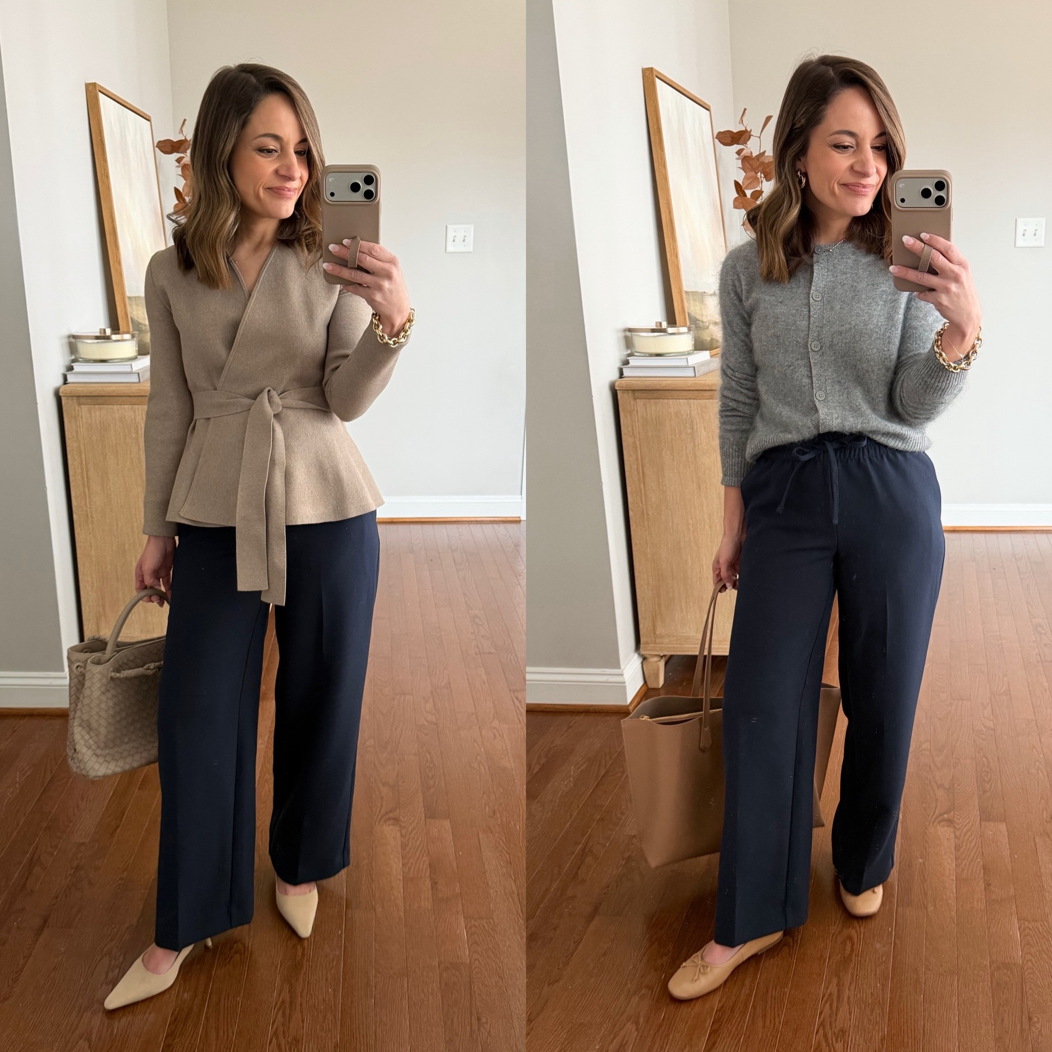 More ways I would style the pull on pants from BR Factory. They’re so comfortable but the fabric is elevated enough to wear to work! 

Pants: petite xxs - 10” rise, 27” inseam 
Wrap sweater: xxs sleeves are cuffed under 
Gray sweater: xs 
Cream sweater: petite xs 
White top: xs
Navy cardigan: xs 
Sneakers: tts 
Flats: tts 
