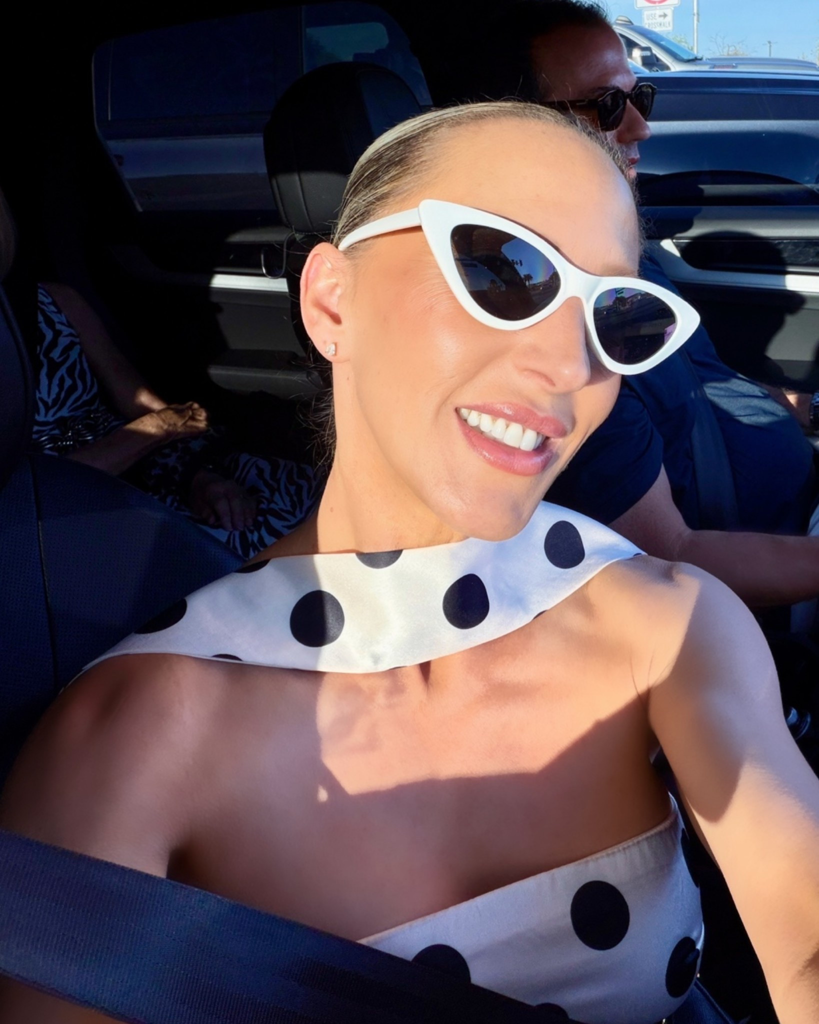 OOTD: summer outfit inspo - New @shoplinnyco pear crystal earrings 💎 Love the flat backs in these so if I fall asleep as passenger princess they don’t dig into my neck. Go solo for an elegant look, stack them for extra interest. I’ve also linked the strapless polka dot mini dress with matching scarf and retro white cat eye sunglasses.

#LTKootd #LTKPetite #LTKSeasonal