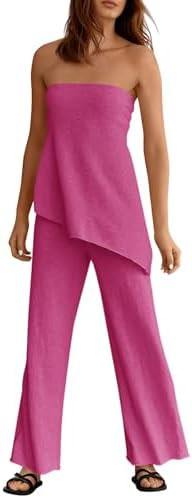 Tankaneo Womens 2 Piece Outfits Asymmetrical Tube Top Wide Leg Pants Knit Vacation Travel 2025 Ma... | Amazon (US)