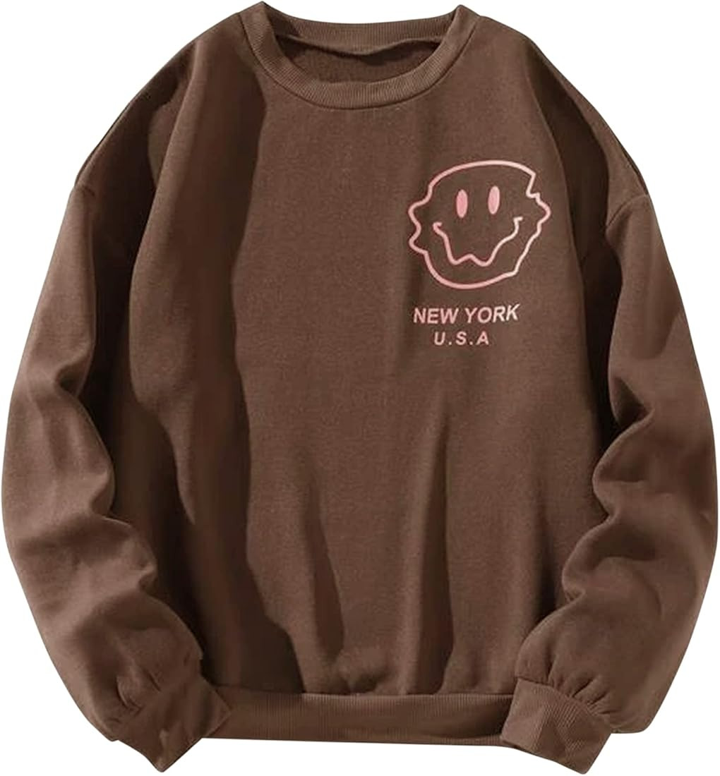 SAFRISIOR Women Oversized Fleece New York Letter Print Graphic Sweatshirt Long Sleeve Crewneck Pullo | Amazon (US)