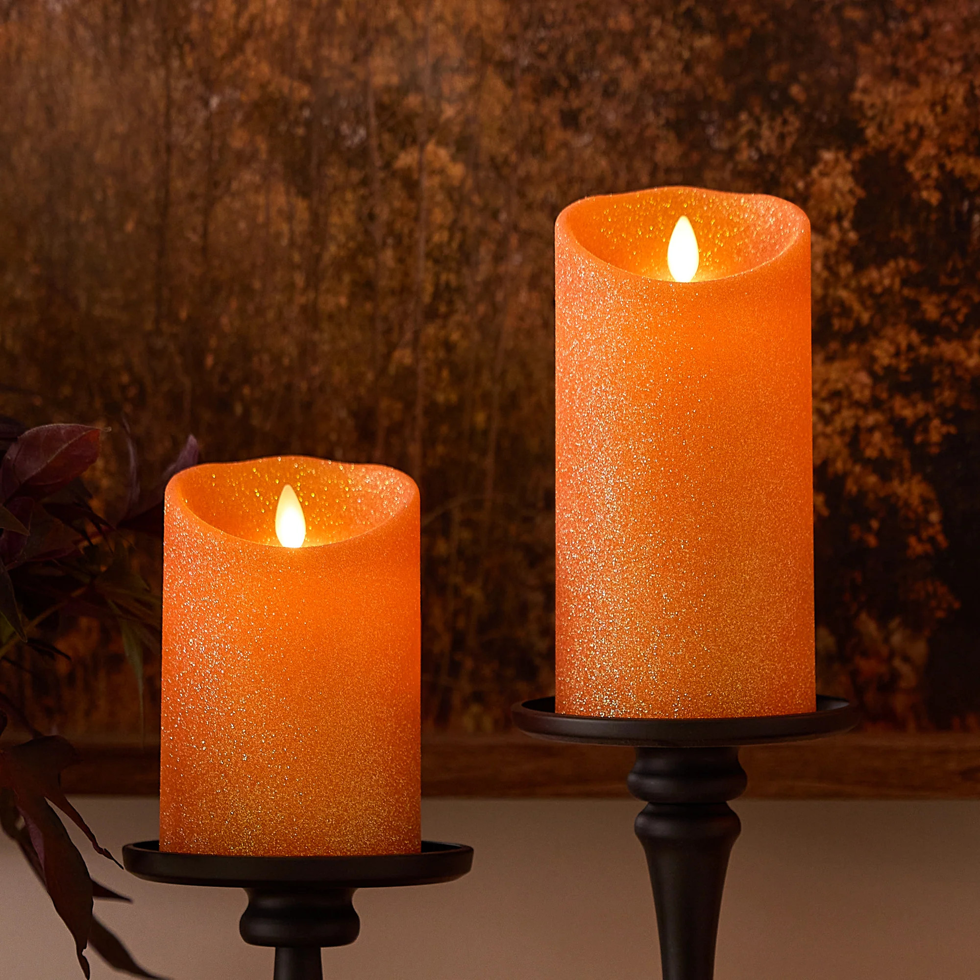 Russet Orange Glitter Flameless Candle Pillar | Luminara