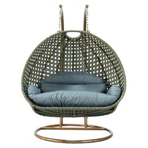 LeisureMod Outdoor Beige Wicker Hanging Double Egg Swing Chair in Charcoal Blue | Cymax