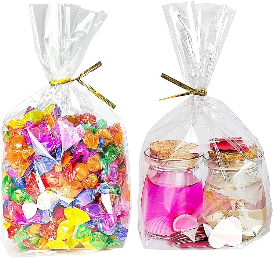PigPotParty 6"x 9", 100Pcs Bottom Gusset Bags, Clear Plastic Cellophane Treat Goodie Bags with Ti... | Amazon (US)