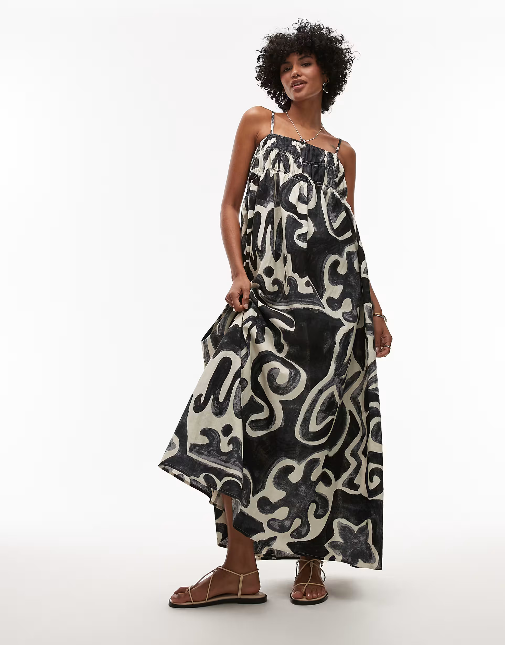 Topshop linen-look shirred bust throw-on midi dress in black mono print | ASOS (Global)