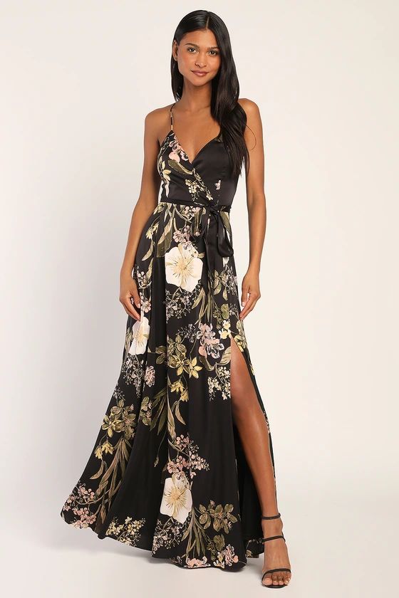 Still the One Black Floral Print Satin Maxi Dress | Lulus