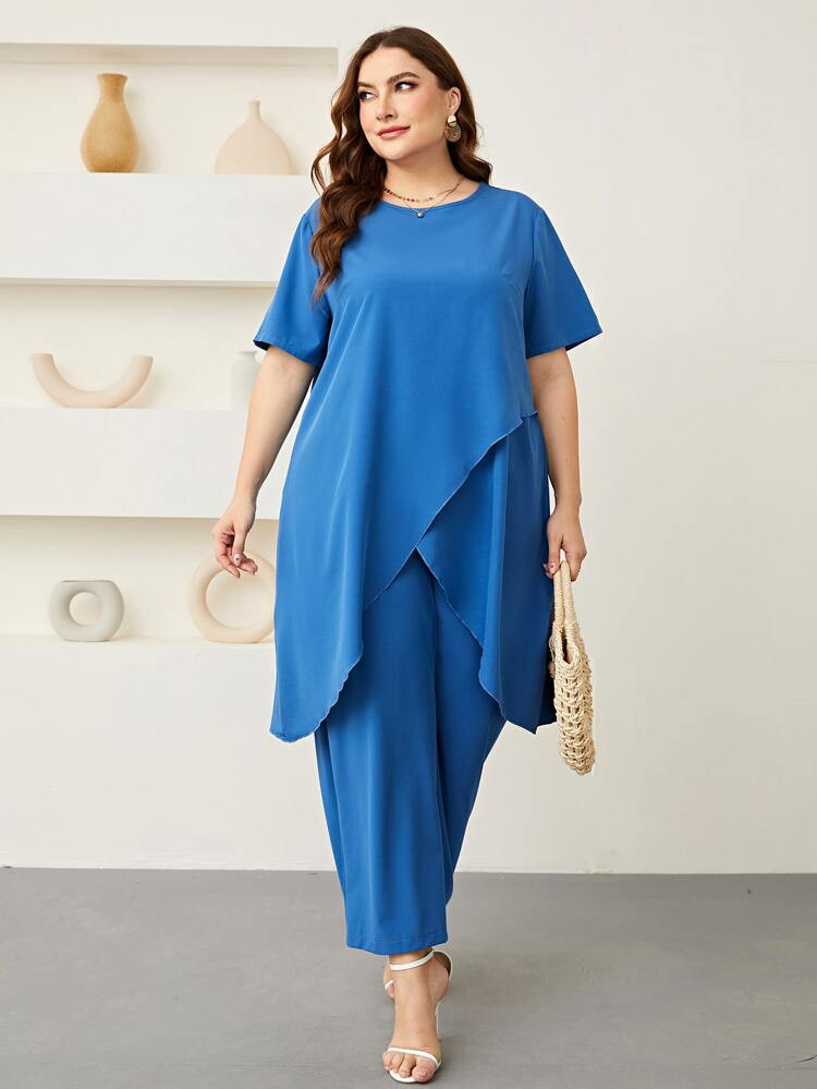 SHEIN Mulvari Plus Solid Wrap Hem Blouse & Pants
       
              
              $21.99  
  ... | SHEIN