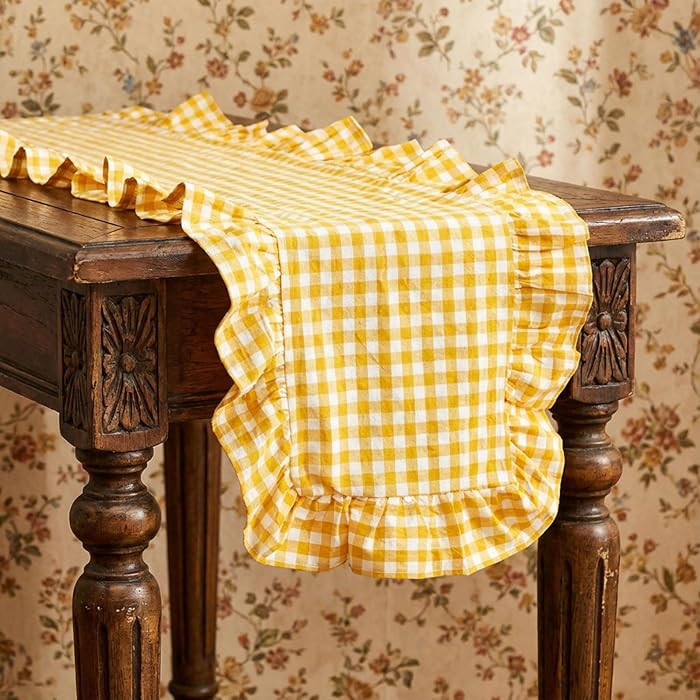 1 Pcs Yellow Plaid Gingham Ruffle Table Runner 118 x 13.8'' Farmhouse Easter Table Runner 100% Co... | Amazon (US)
