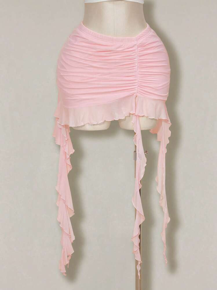 SHEIN ICON Plus Size Spring Ruched Ruffle Trim Ruffle Hem Mesh Pink Skirt | SHEIN