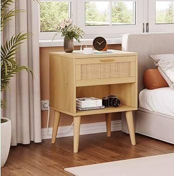 Irontar Nightstands Set of 2, Night Stands with Charging Station & Rattan Drawer, Boho Style Bed ... | Amazon (US)