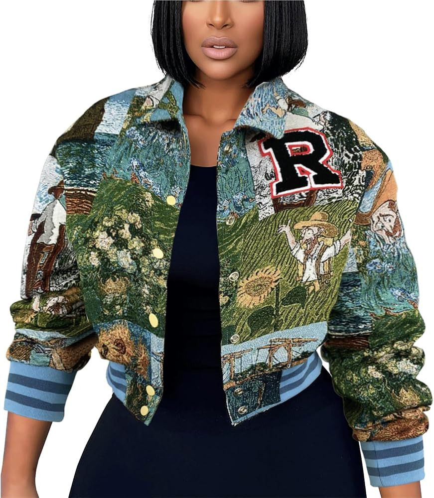KANSOON Varsity Jacket Women Cropped Floral Bomber Letterman Coat Lightweight Vintage Jacquard Ou... | Amazon (US)