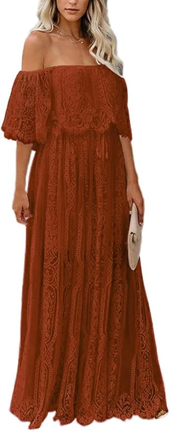 HOYISHION Women's Off The Shoulder Floral Lace Maxi Dress White Bridesmaid Wedding Party Maternit... | Amazon (US)