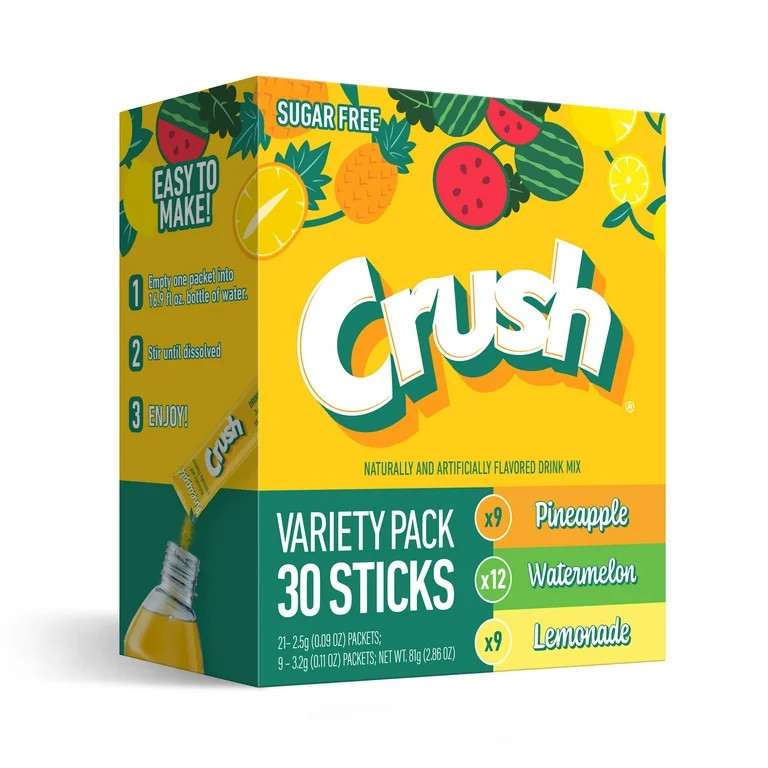Crush Powdered Drink Mix Variety Pack, Lemonade, Watermelon & Pineapple, 30ct, On the go packets,... | Walmart (US)
