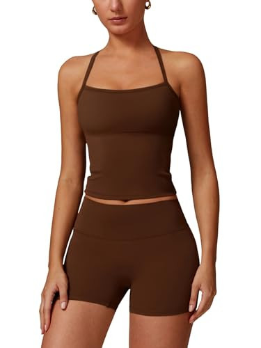 ABOCIW Womens Workout Sets Two Piece Padded Sports Bra Tank Tops High Waist Booty Shorts Gym Yoga Active Wear Outfits Brown X-Small | Amazon (US)