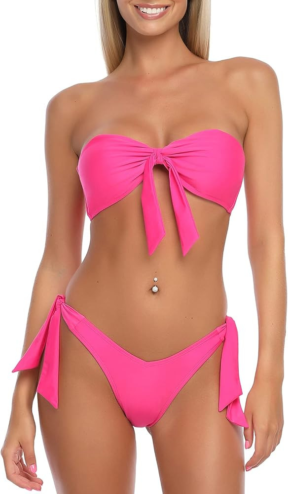 RELLECIGA Women’s Removable Straps Knot Front Bandeau Bikini Top with Sexy Cheeky Brazilian Bik... | Amazon (US)