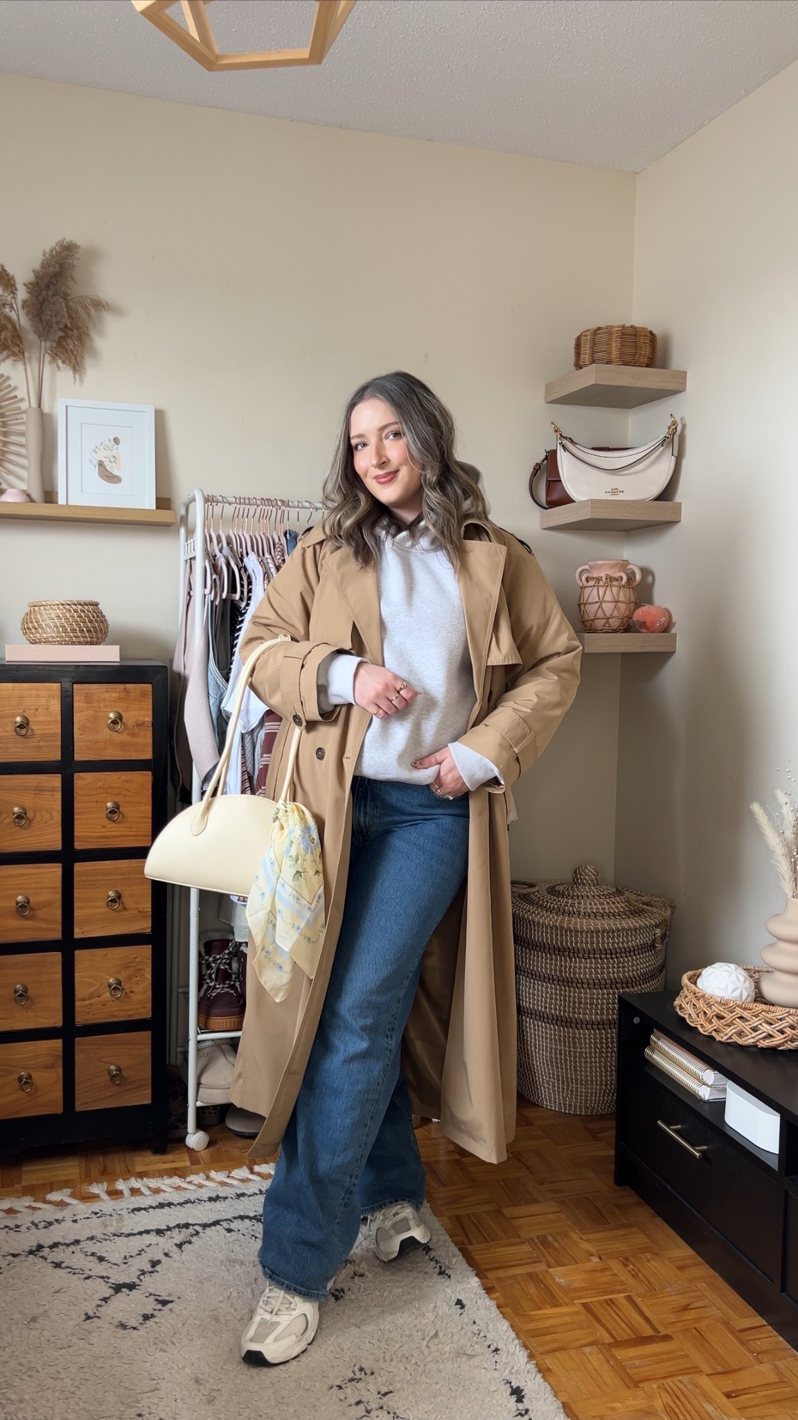 Spring outfit for a chilly day! Code AFLTK for 25% off at Abercrombie! Wearing my usual size L in the classic water resistant trench coat. Hoodie runs small, sized up to XL. Wearing 32 in the jeans, could have done 31 but I like a looser fit. New Balance sneakers are so comfy but run big, I’m a 9.5-10 and wear a 9. Butter yellow bag and scarf are Old Navy, Canadian links under similar products.

#LTKsale #LTKmidsize #LTKjeans