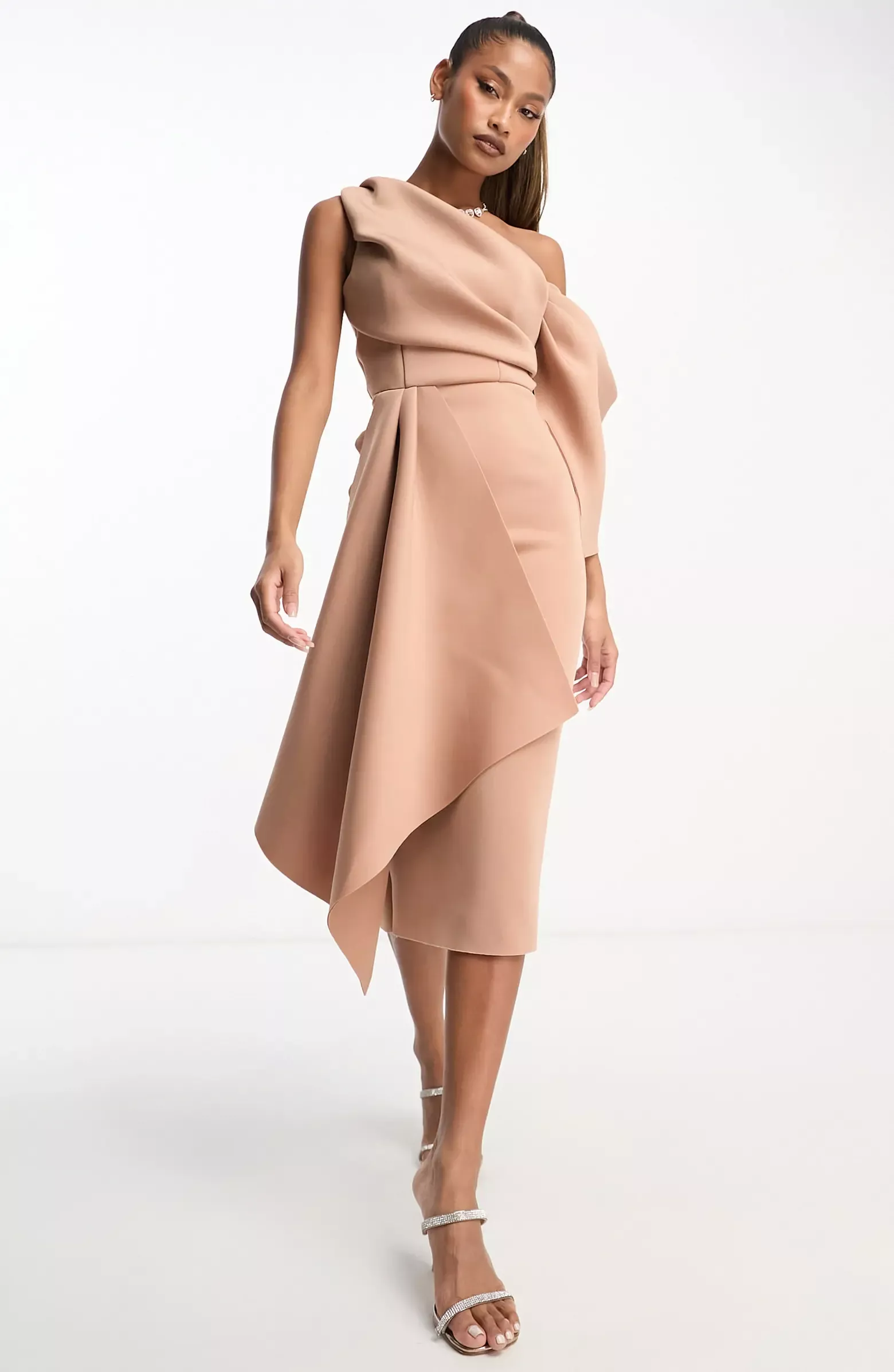 One shoulder tuck detail midi clearance dress