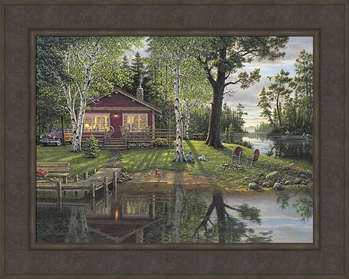 Simpler Times by Kim Norlien 24x30 Log Cabin Lake Fishing Boat Dock Summer Landscape Framed Art P... | Amazon (US)