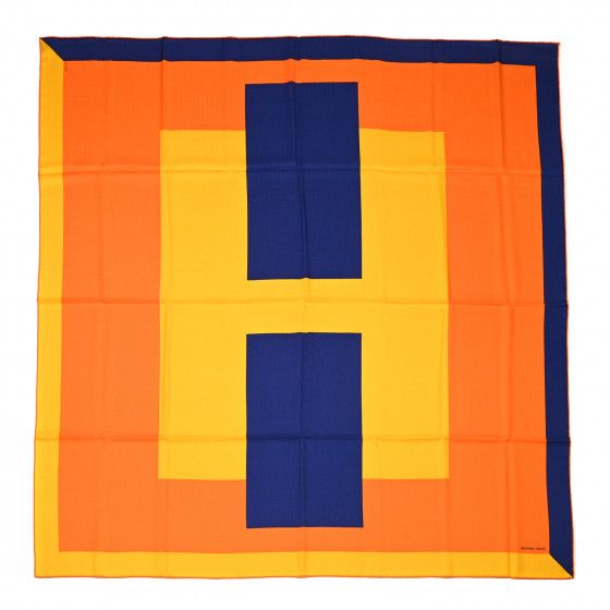 HERMES Cashmere Silk Encadre H Passant Giant Scarf 140 Orange Jaune Bleu | FASHIONPHILE | Fashionphile