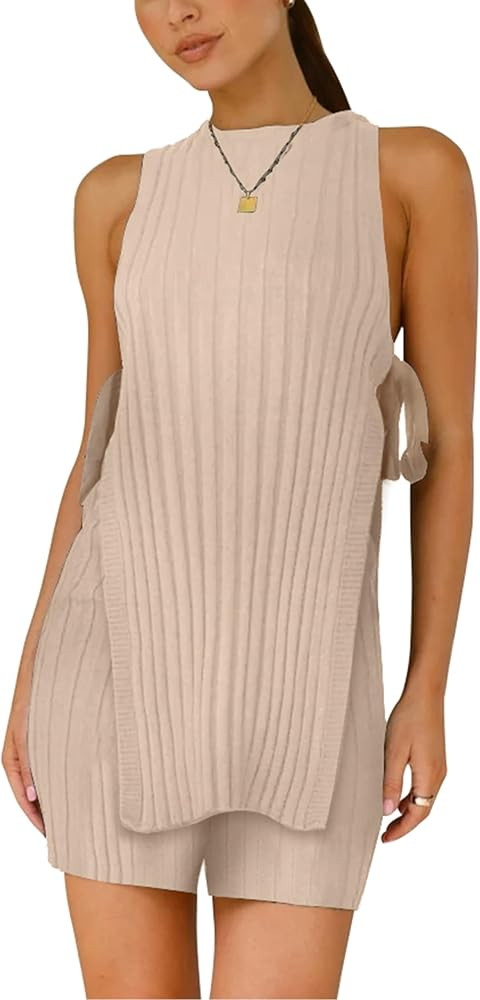 Womens Summer Sweater Set Sleeveless Knit tie straps Top Matching Shorts 2 Piece Beach Vacation O... | Amazon (US)