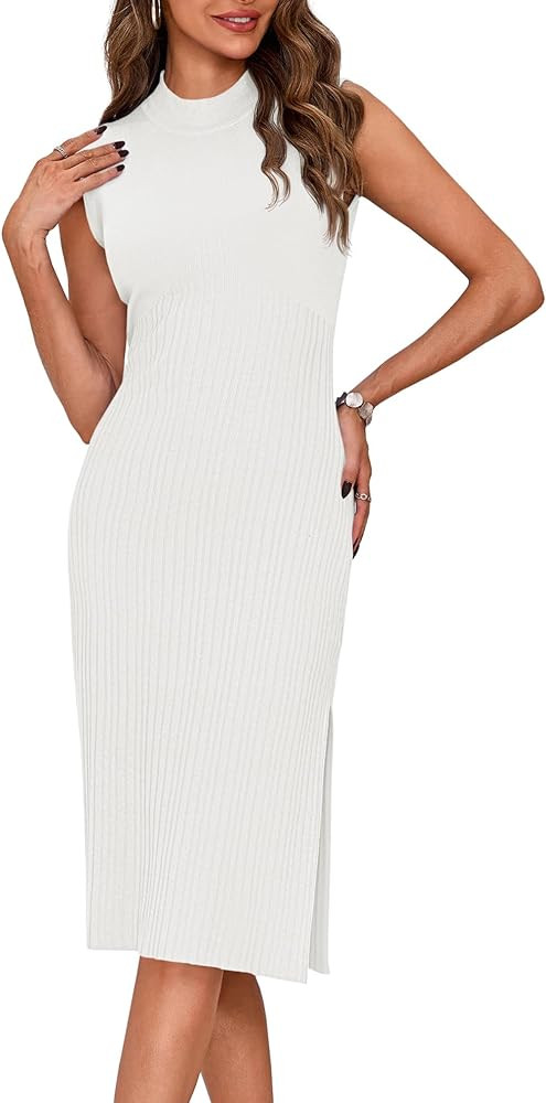 Wenrine Womens Sleeveless Dress Mock Neck Slim Casual Ribbed Knit Split Summer Midi Dresses | Amazon (US)