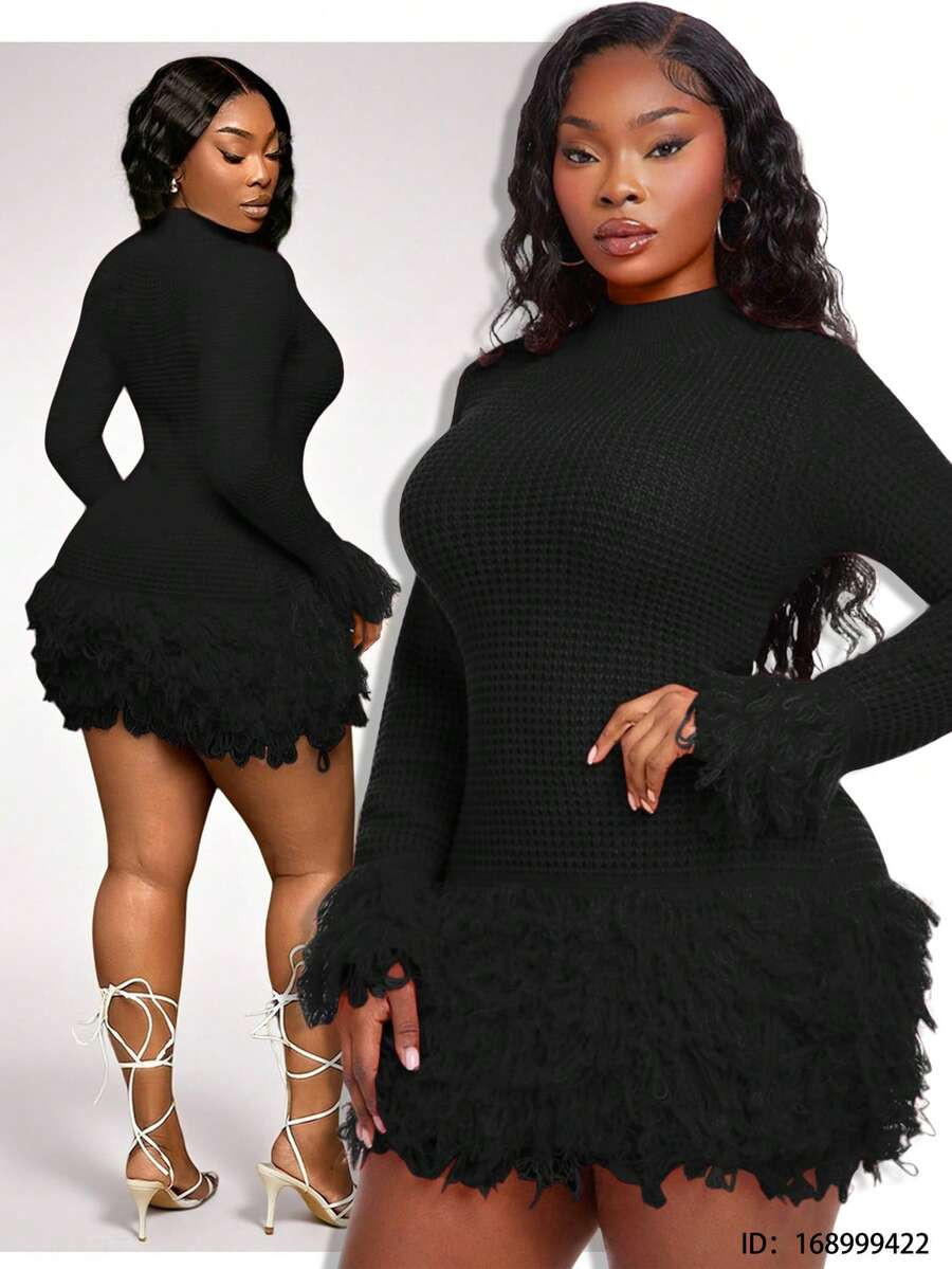 Radiana Plus Size Women's Black Long Sleeve Fringe Mini Bodycon Knit Sweater Dress, Autumn/Winter | SHEIN