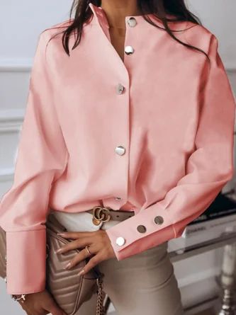 Stylewe Long Sleeve 1 Black Pink White Women Blouses And Shirts Stand Collar Casual Polyester Pla... | Stylewe