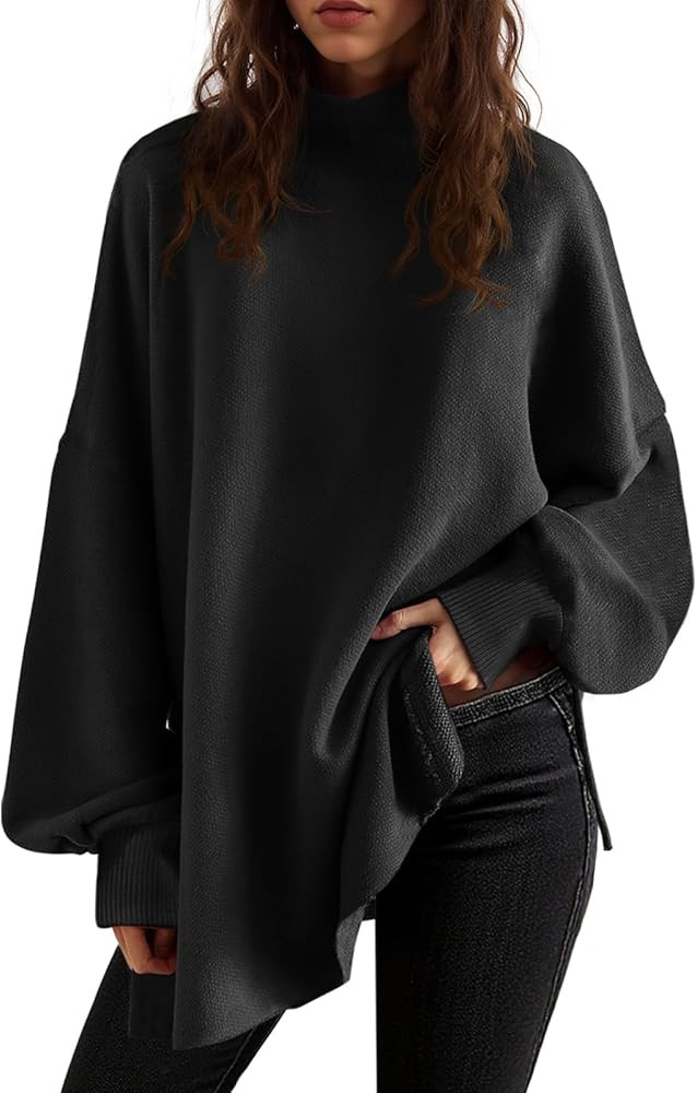 Saodimallsu Womens Turtleneck Oversized Sweaters Puff Sleeve Side Slit Casual Knit Tunic Pullover... | Amazon (US)