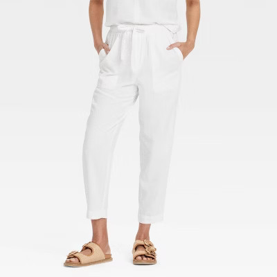 Women's High-Rise Straight Leg Pull-On Pants - Universal Thread™ White L: Linen Blend, Relaxed Fit, Ankle Length, Woven Fabric | Target