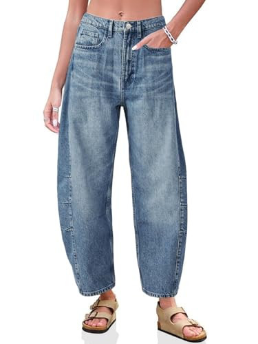 PLNOTME Womens Baggy Barrel Jeans Cropped Loose Boyfriend Wide Leg Mid Rise Ankle Denim Pants with Pockets Navy | Amazon (US)